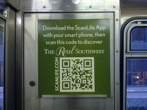 photo of QR codes for Real Southwest campaign on train side