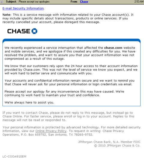 screenshot of email from Chase Bank on online outage