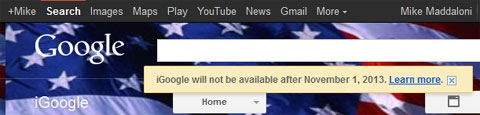 screen of iGoogle shutdown notice