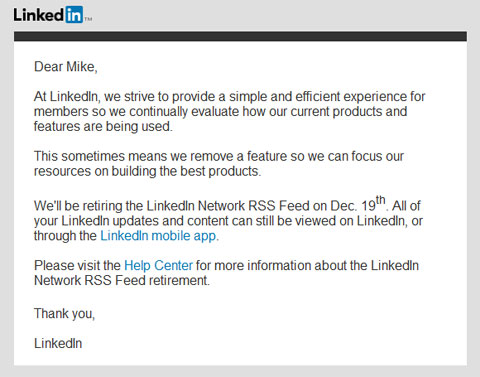 screenshot of LinkedIn Network RSS feed email