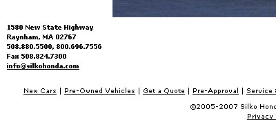 screen shot of Silko Honda contact information