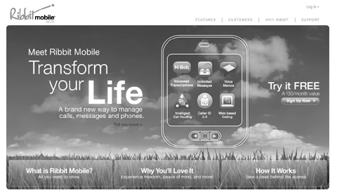 screenshot of Ribbit Mobile home page in grayscale