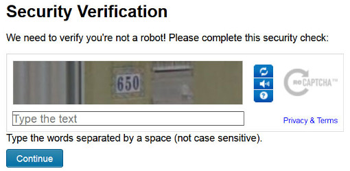 Enter the CAPTCHA value and click the Continue button