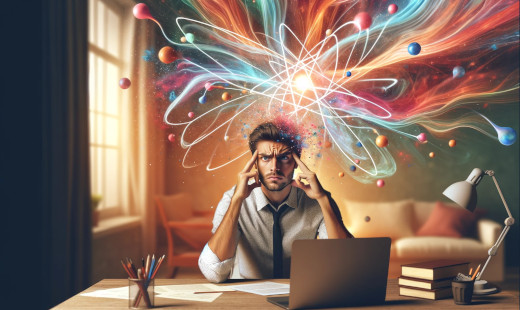 AI-generated image of a man thinking at an atomic level by DALL-E AI-generated image of a man thinking at an atomic level by DALL-E