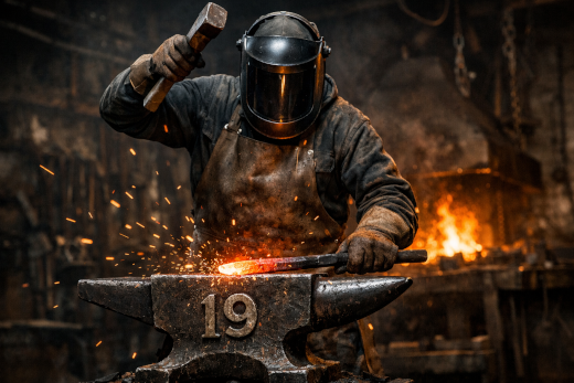 AI-generated image of an iron bring struck while it is hot on a 19 anvil