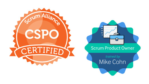 Certified Scrum Product Owner seal and Mike Cohn Scrum Product Owner course logo