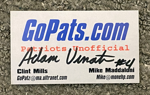 photo of GoPats.com business card autographed by Adam Vinatieri