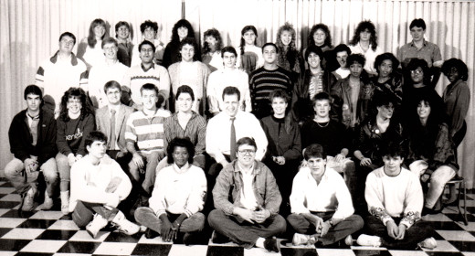 photo of WNEK-FM station members in 1988 – Mike is in the middle of the second row in the tie photo of WNEK-FM station members in 1988 – Mike is in the middle of the second row in the tie