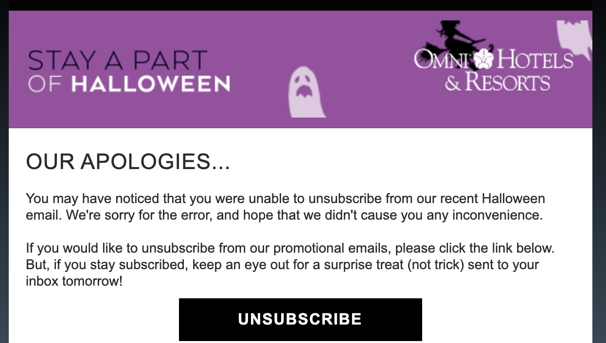 screenshot of Omni Hotels Halloween treat offer