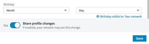 screenshot of blank LinkedIn birthday settings fields