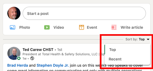 screenshot of LinkedIn sort selector