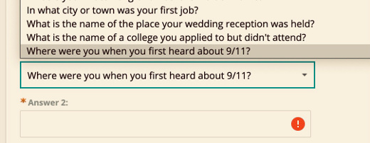 screenshot of security questions with 9/11 option