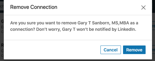 screenshot of LinkedIn Remove Connection confirmation screenshot of LinkedIn Remove Connection confirmation